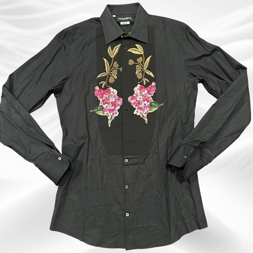 DOLCE & GABBANA GOLD NWT Men's Tuxedo Floral Embroidered LS Shirt Black XS